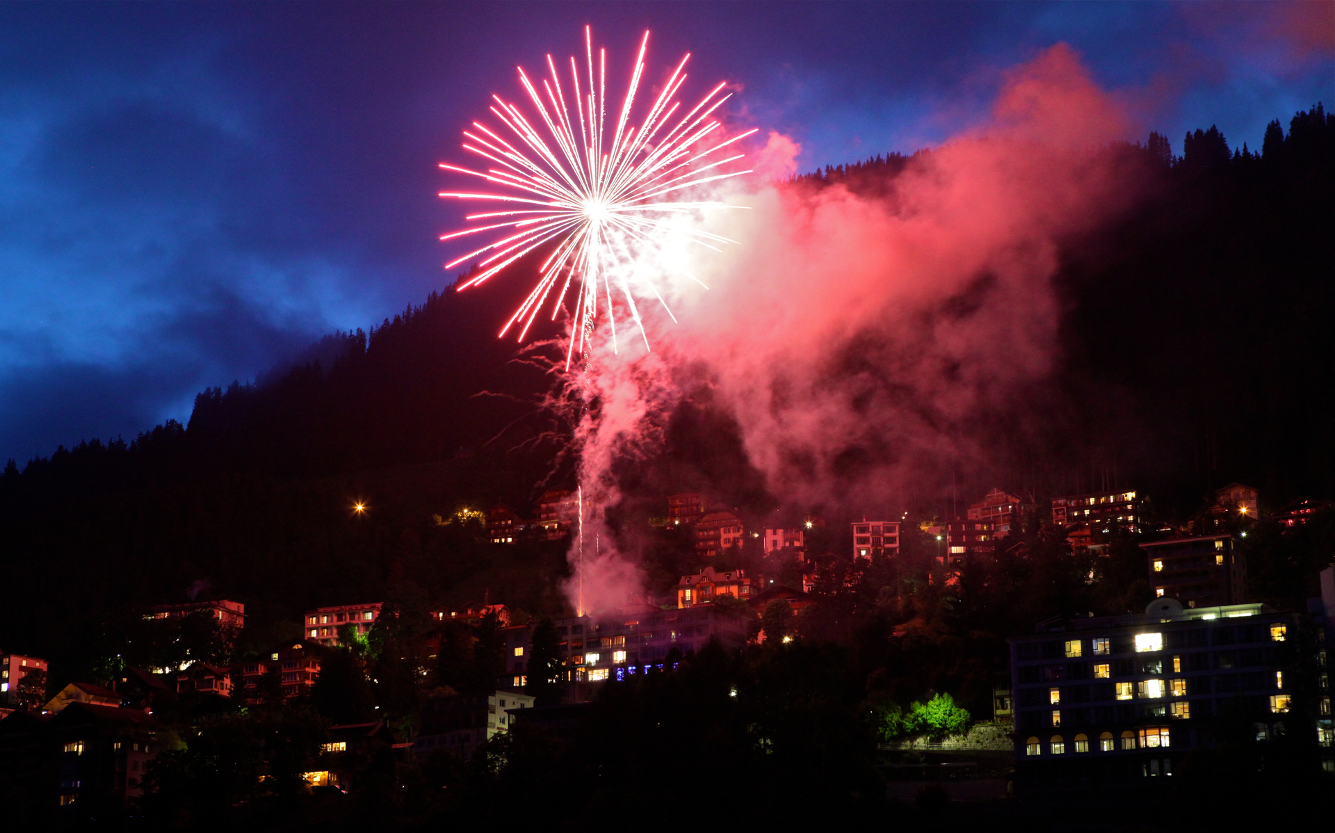 Fireworks provide a colourful spectacle against the backdrop of the Alpes Vaudoises