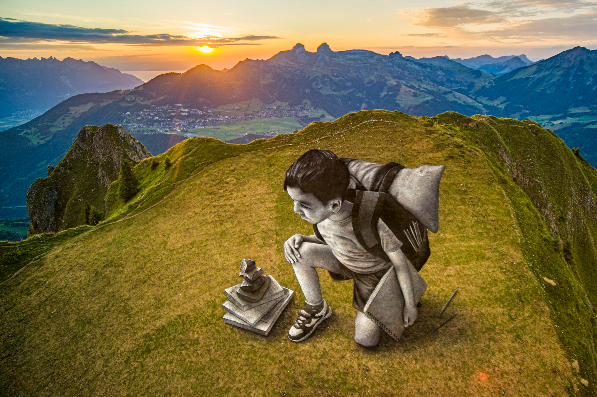 Saype's artwork at sunset near Grand Chamossaire in 2025