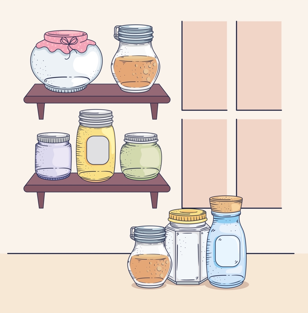 cute jars glass in shelving