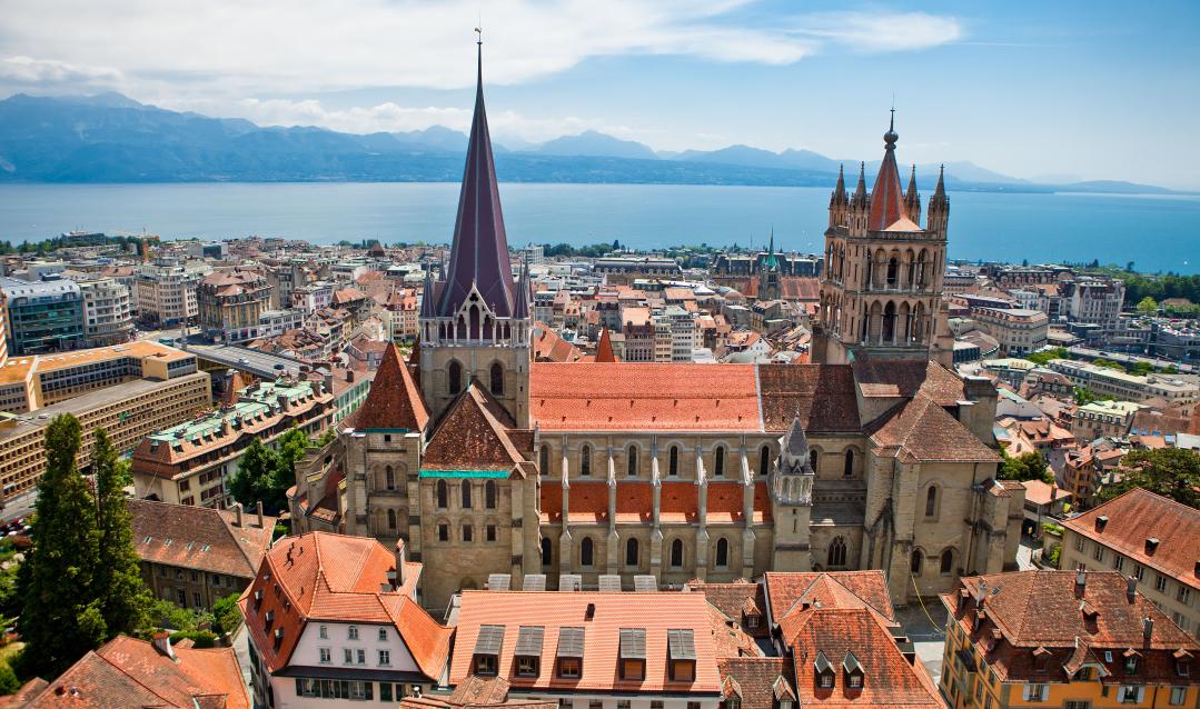 Lausanne Cathedrale and view on the Lake Geneva