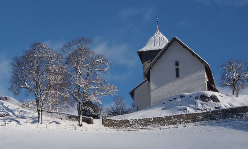 Temple de CHAX depuis terrain de décollage FIB - Hiver - Château-d'Œx - Martine Charvolin