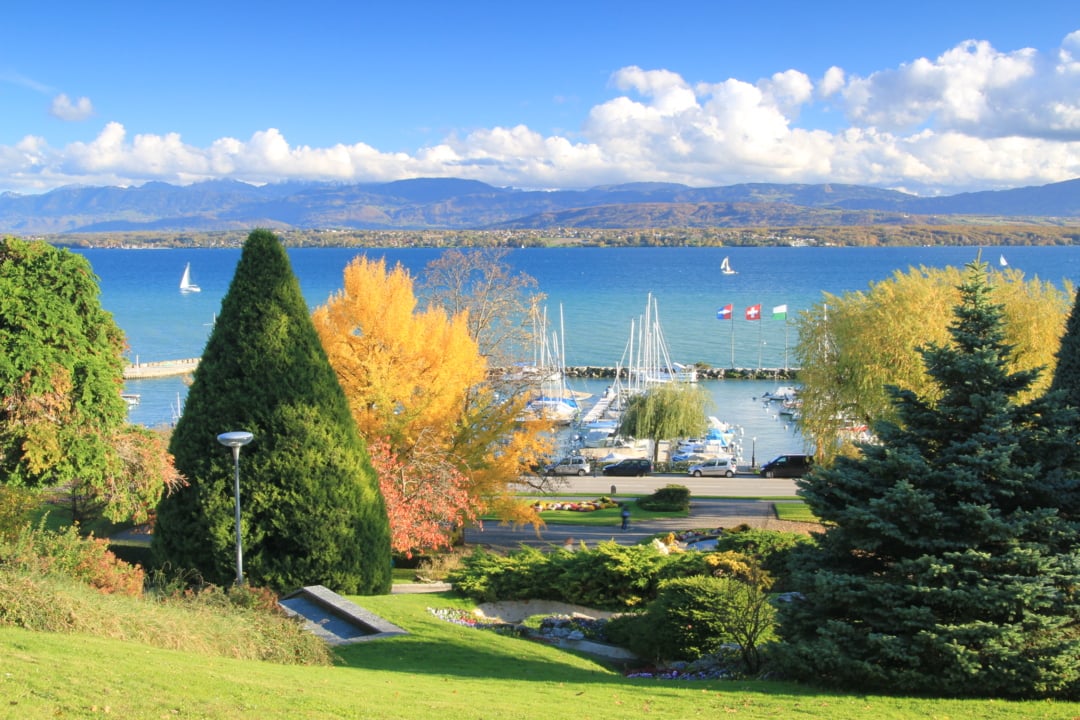 Vue sur le port de Nyon depuis le parc du Bourg-de-Rive automne