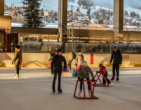 Leysin Ice rink and view of the snow-capped mountains