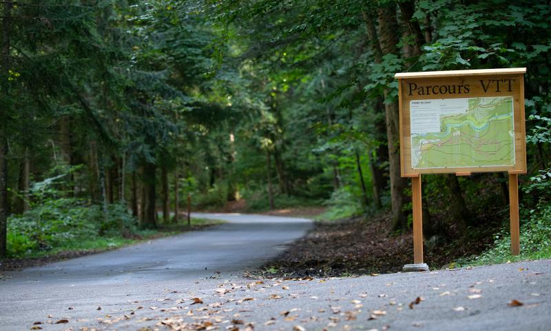 Mountain bike route - Fahy forest roadside sign