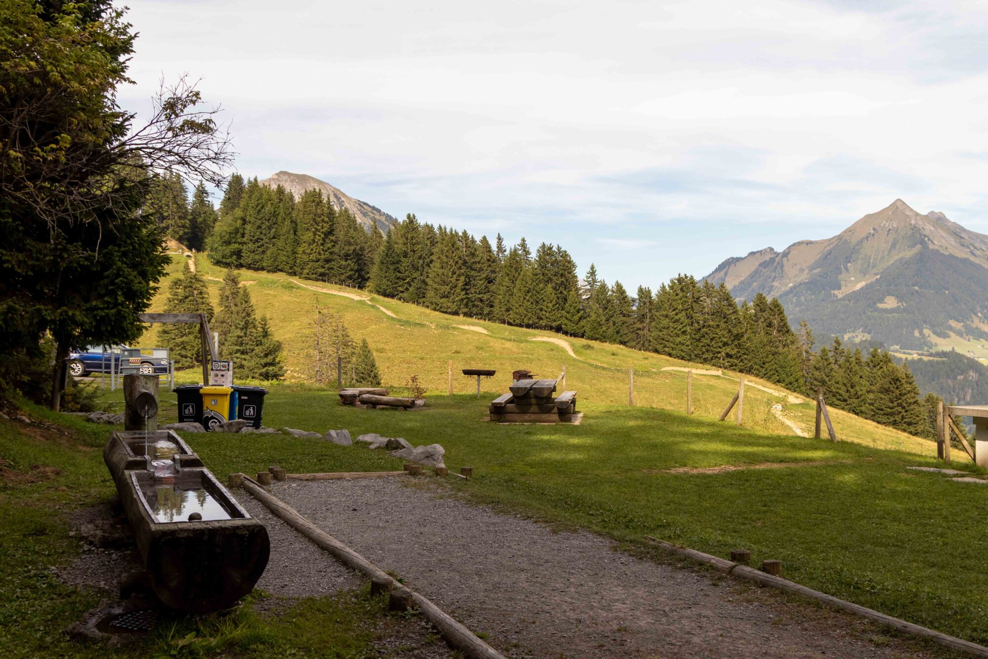 The reservoir – fountain and pétanque court – Leysin – summer