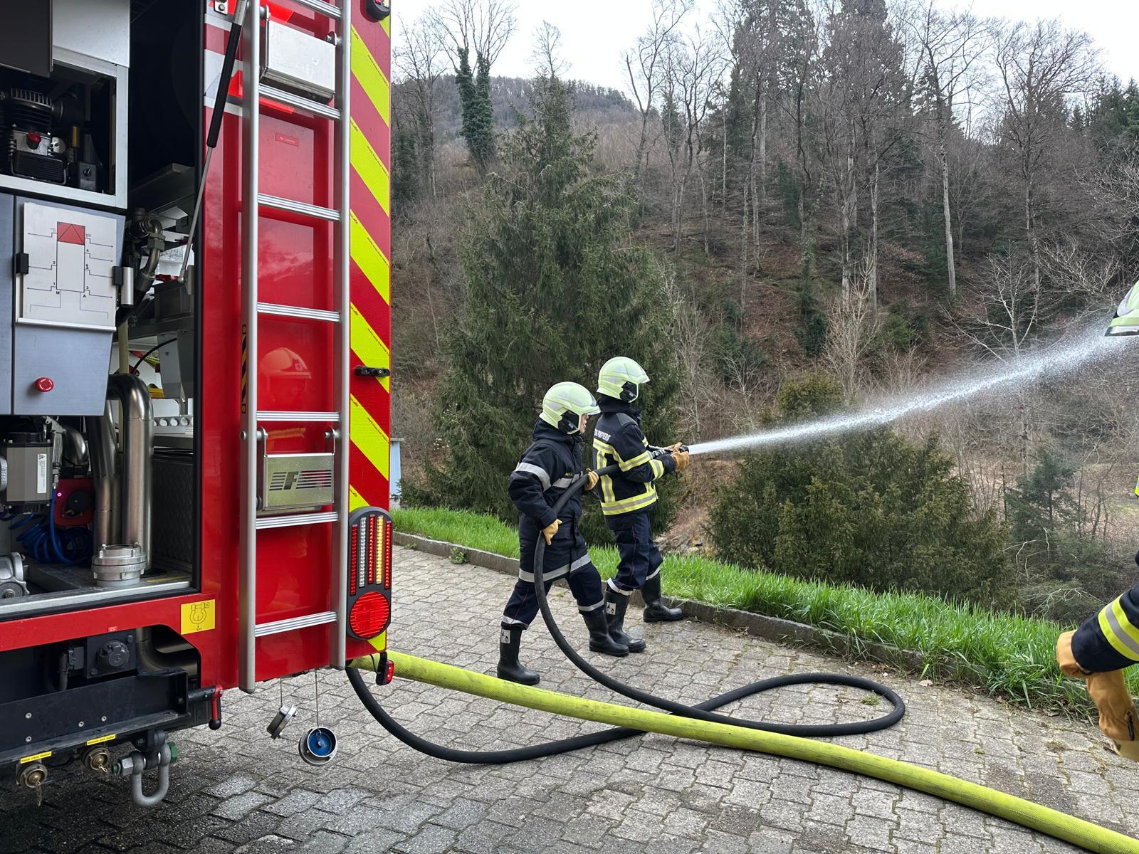 Pompiers tenant un tuyau d’eau en action