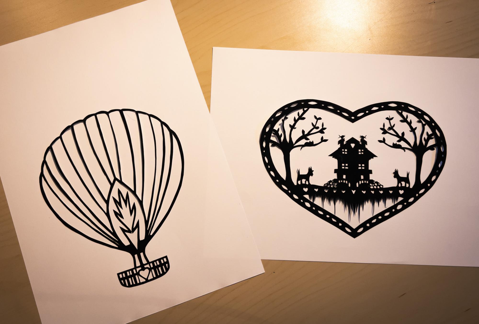 A delicate hot-air balloon and a mountain chalet as my first works