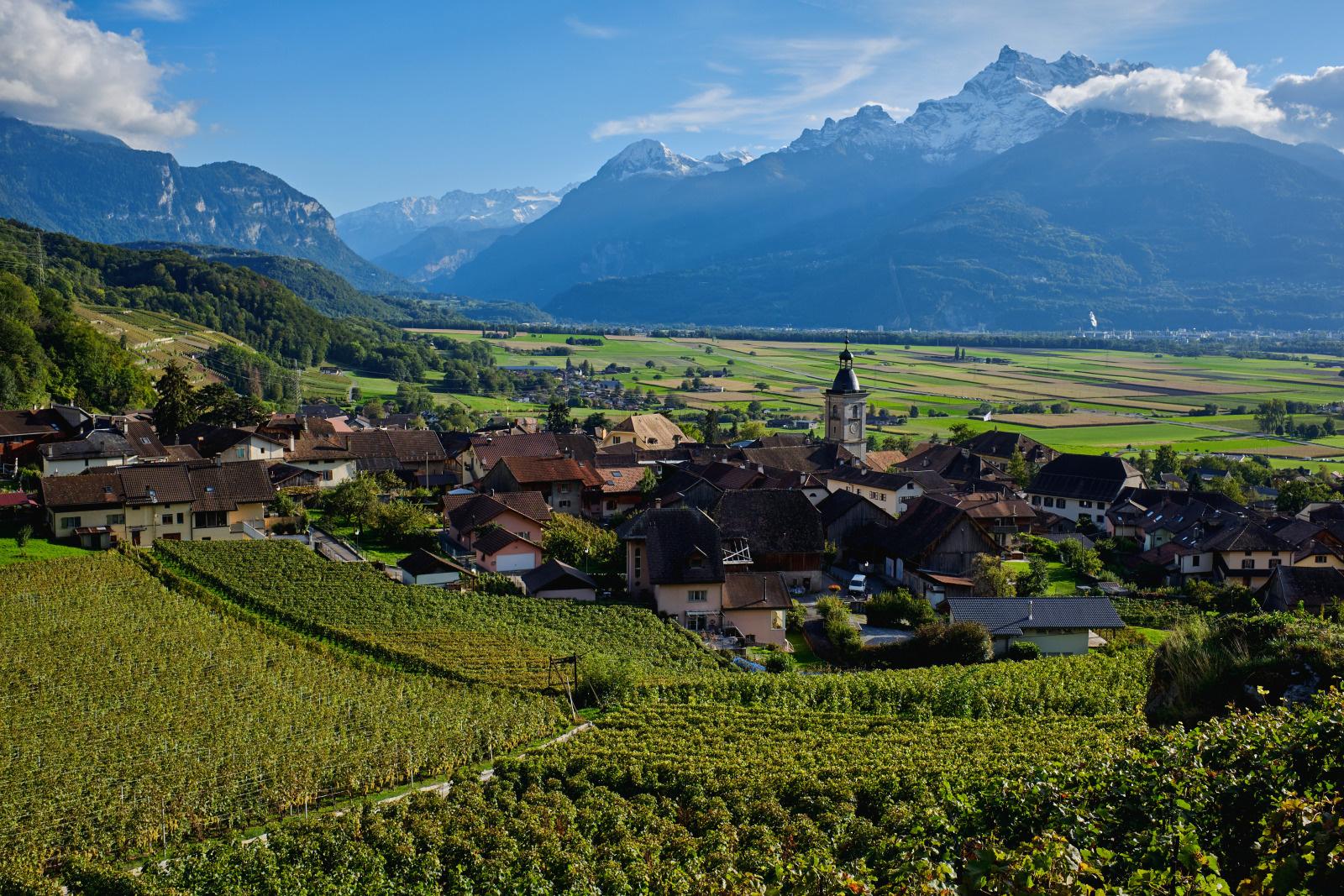 The village of Ollon glistening with light, with the Dents du Midi in the background