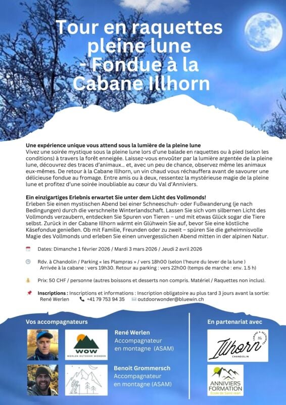 Tour en raquette sous la pleine lune et fondue - Cabane Illhorn