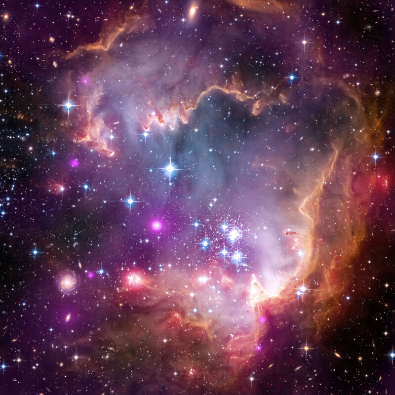 Jeunes étoiles dans le Petit Nuage de Magellan. Image composée des données des télescopes spatiaux Chandra (rayons X en violet), du télescope de Hubble (lumière visible, en rouge, vert et bleu), et Spitzer (infrarouge, en rouge).