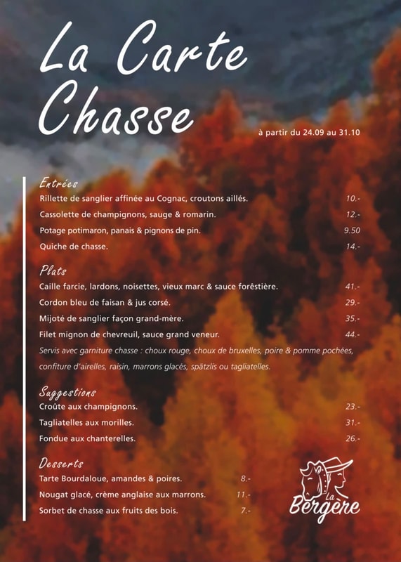 Menu Chasse La Bergère